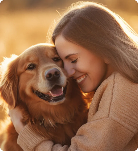 Woman hugging dog in warm sunlight
